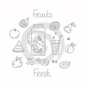 A set of fruits, berries, juice in a jug and a glass with a drink. Doodle.